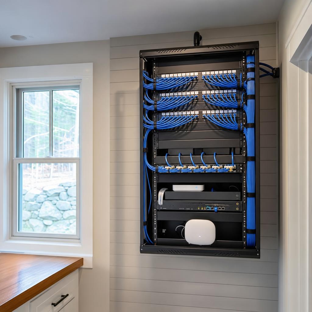 Professionally installed network rack with organized structured cabling