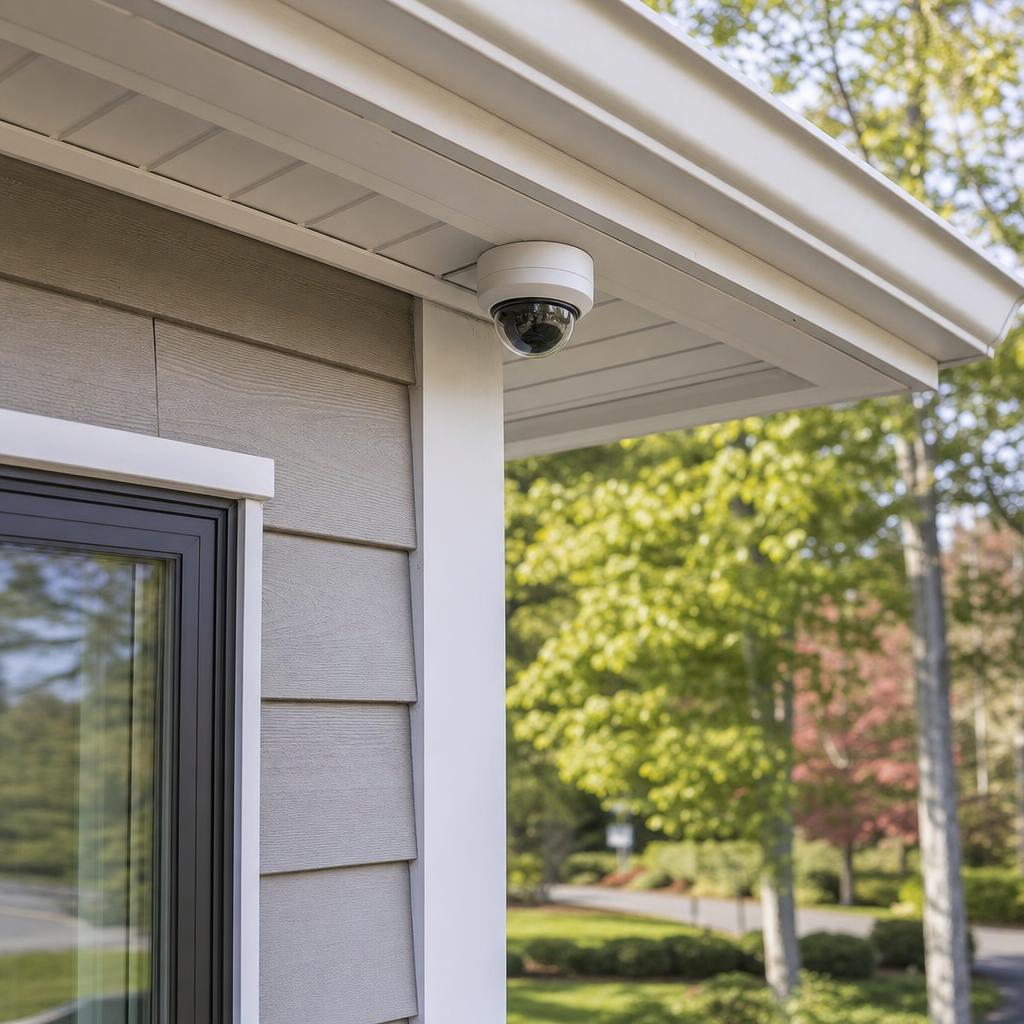 Professionally installed outdoor security camera with concealed wiring